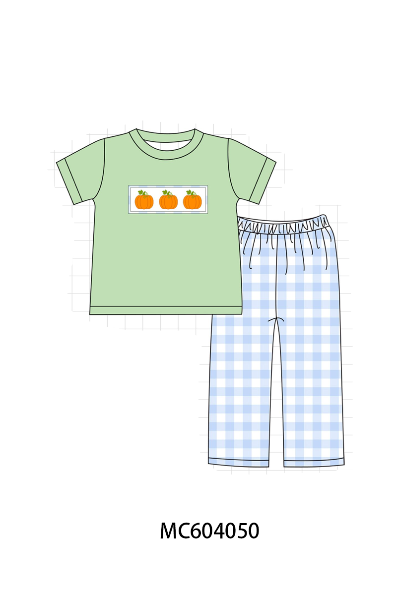 PO86 Blue pumpkin embroidery gingham collection
