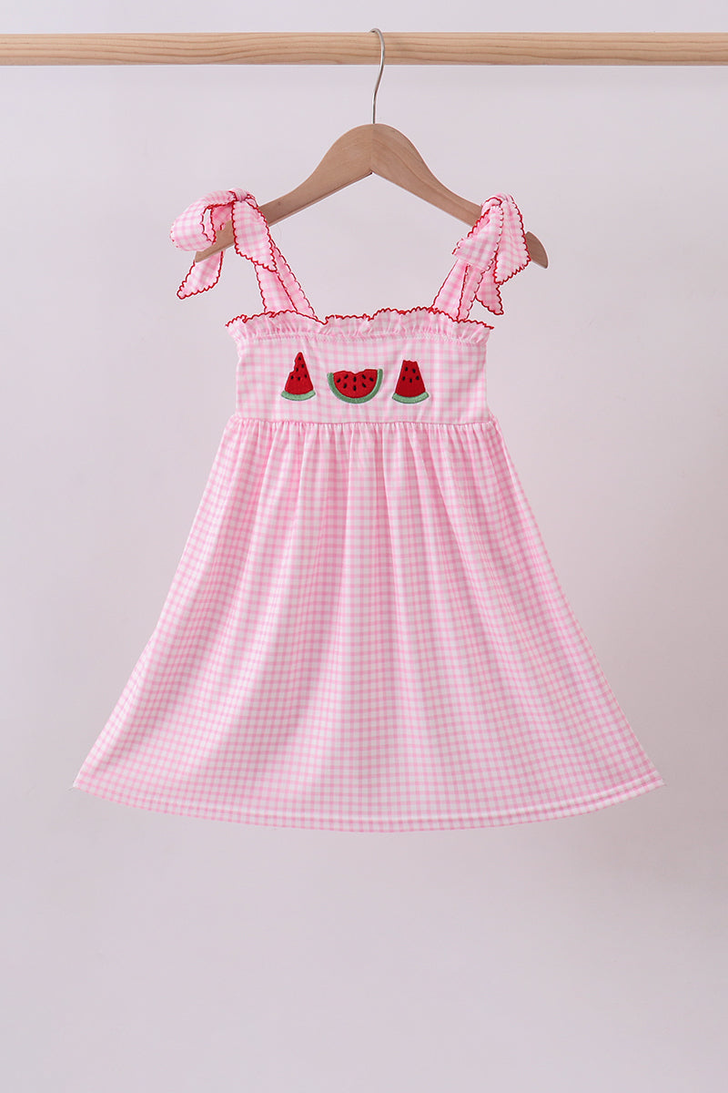 Pink watermelon embroidery ruffle dres