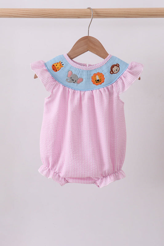 Pink seersucker animal smocked ruffle bubble