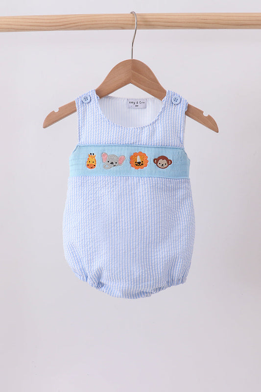 Blue seersucker animal smocked bubble
