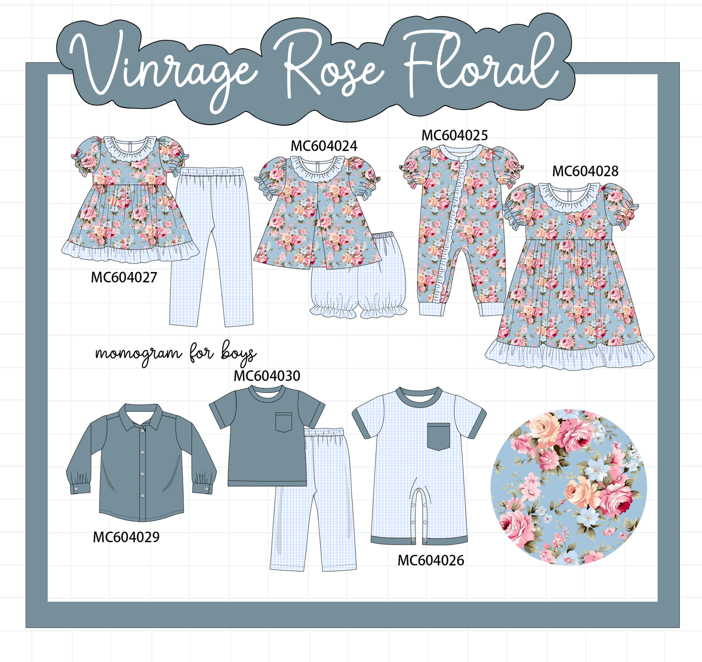 PO86 Blue vintage rose floral print collection