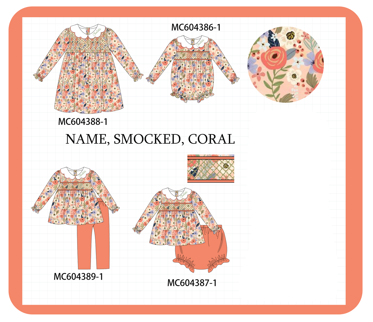 PO86 Coral floral monogram embroidery smocked collection