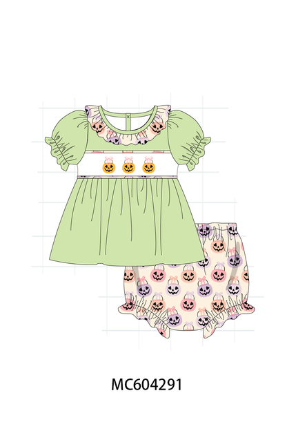PO86 Green halloween pumpkin embroidery ruffle collection