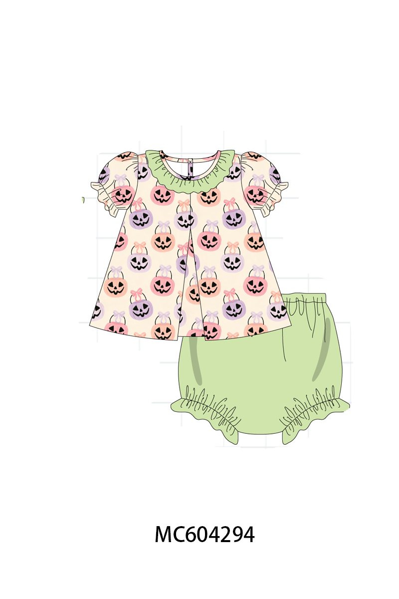 PO86 Green halloween pumpkin embroidery ruffle collection