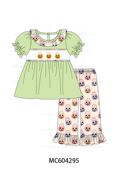 PO86 Green halloween pumpkin embroidery ruffle collection